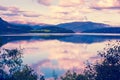 Panoramic view at fjord at sunset