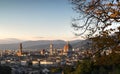 Panoramic view of the Florence city skyline at sunset from the hills near Piazzale Michelangelo. From left to right the tower of Royalty Free Stock Photo