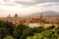 Panoramic View of Florence or Firenze, Italy. Cityscape in a cloudy early spring evening, green park on foreground and Royalty Free Stock Photo