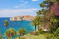 Panoramic view from flower garden terrace on Dubrovnik old town bay, Croatia Royalty Free Stock Photo