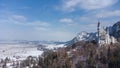 Panoramic view from flying drone of Neuschwanstein Castle