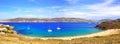 Panoramic view of Fokos beach, north of Mykonos, Cyclades island in the heart of the Aegean Sea Royalty Free Stock Photo