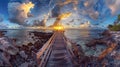 Panoramic view of a footbridge leading to Smathers Beach, bathed in the morning light. Ai Generated