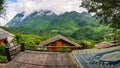 Panoramic view of forest and high mountains,