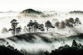 panoramic view of forest with mist rising from the lowlands