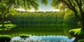 Panoramic view of a forest with reflection in a lake. Mountain lake with coniferous forest and reflection in the water. Beautiful Royalty Free Stock Photo