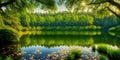 Panoramic view of a forest with reflection in a lake. Mountain lake with coniferous forest and reflection in the water. Beautiful Royalty Free Stock Photo