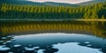 Panoramic view of a forest with reflection in a lake. Mountain lake with coniferous forest and reflection in the water. Beautiful Royalty Free Stock Photo