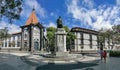 Panoramic view at the front facade at the Portugal Bank, Regional Government building and JoÃ£o Zarco statue, Funchal, Madeira,