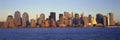 Panoramic view of full moon rising over lower Manhattan skyline, NY where World Trade Towers were located