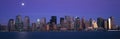 Panoramic view of full moon rising over lower Manhattan skyline, NY where World Trade Towers were located Royalty Free Stock Photo