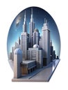 A panoramic view of a futuristic city with intricate architectural designs and a bright moon shining through the clear night sky