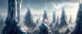 Panoramic view of futuristic city skyline cityscape. Ethereal skyscrapers, towers, tall buildings. Science fiction Megapolis wide Royalty Free Stock Photo