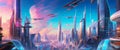 Panoramic view of futuristic city skyline cityscape. Ethereal skyscrapers, towers, tall buildings. Science fiction Megapolis wide Royalty Free Stock Photo