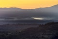 Panoramic view of the Gabriel and Galan Reservoir at sunset with little water due to the drought