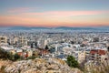 Panoramic view of the Galatsi area at sunset in Athens, Greece Royalty Free Stock Photo