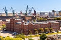 Panoramic view of Gdansk Shipyard industrial infrastructure with shipyard directorate main historic building in Gdansk, Poland