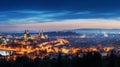 panoramic view of a European city during blue hour