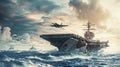 panoramic view of a generic military aircraft carrier ship with fighter jets