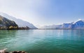 Panoramic view of Geneva lake and Chillon castle among mountains in Switzerland Royalty Free Stock Photo