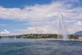 Panoramic view of Geneva skyline with famous Jet d\'Eau fountain and traditional boat at harbor district, Royalty Free Stock Photo