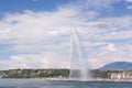 Panoramic view of Geneva skyline with famous Jet d\'Eau fountain and traditional boat at harbor district, Royalty Free Stock Photo