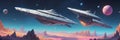 Panoramic view of a giant spaceship hovering in orbit around a distant star