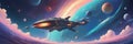 Panoramic view of a giant spaceship hovering in orbit around a distant star