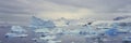 Panoramic view of glaciers and icebergs in Paradise Harbor, Antarctica