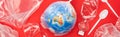 Panoramic view of globe in plastic bag with garbage around on red, global warming concept