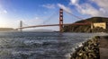 Panoramic view of the Golden Gate Bridge in San Francisco from a shore of the bay of the Californian city. Royalty Free Stock Photo