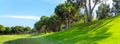 Panoramic view of beautiful golf course with buggy and pines on sunny day. Golf field with fairway, lake and pine-trees Royalty Free Stock Photo