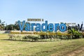 Panoramic view of grand blue and yellow inscription Varadero at the entrance to city at summer sunny day