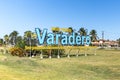 Panoramic view of grand blue and yellow inscription Varadero at the entrance to the city at summer sunny day