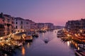 Venice, Italy - February 18, 2020: Panoramic view of Grand canal from Rialto Bridge during sunset.Ponte di Rialto is one of the