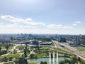 Panoramic view from a great height on a beautiful green city with many roads and high-rise buildings, buildings. Royalty Free Stock Photo