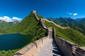 A panoramic view of the Great Wall of China winding through mountains and past a serene lake Royalty Free Stock Photo