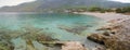 Panoramic view of the Greek village Porto Germeno and beautiful beach Agios Nikolaos in the Corinthian Gulf of the Ionian sea in