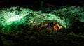 Panoramic view of green cave lava tube illuminated in Canary Islands