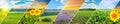 Panoramic view of green field and blue sky with clouds. Collage.Wide photo Royalty Free Stock Photo