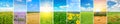 Panoramic view of green field and sky with light clouds. Collage.Wide photo