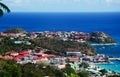 Panoramic view of Gustavia harbour seen from the hills, St Barth, sailboats, pier Royalty Free Stock Photo