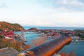 Panoramic view of Gustavia harbour at sunset, old cannon, hill, St Barth, sailboats Royalty Free Stock Photo