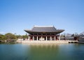 Panoramic view of the Gyeonghoeru Pavilion reflected in water of artificial lake. Royalty Free Stock Photo