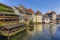 Panoramic view of half-timbered buildings lining the river Ill in the Petite France quarter on a morning..Strasbourg, France Royalty Free Stock Photo