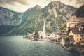 Hallstatt panorama. Clouds and Alps lake and mountain