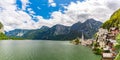 Hallstatt panorama. Clouds and Alps lake and mountain