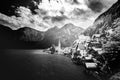 Hallstatt panorama. Clouds and Alps lake and mountain