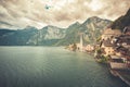 Hallstatt panorama. Clouds and Alps lake and mountain