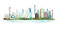 Panoramic view hand drawn with watercolors of big modern city Royalty Free Stock Photo